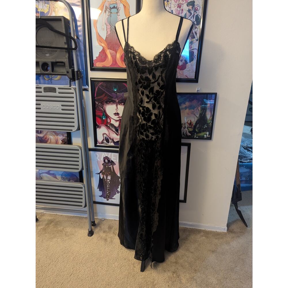 SOLD Fredericks of Hollywood Vintage Black Floral Slip Dress Sz M